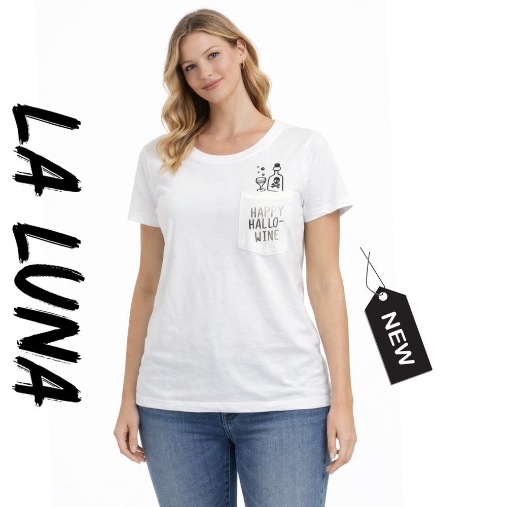 NWT Halloween LA LUNA “Happy Hallo-Wine” White short sleeve T-shirt
